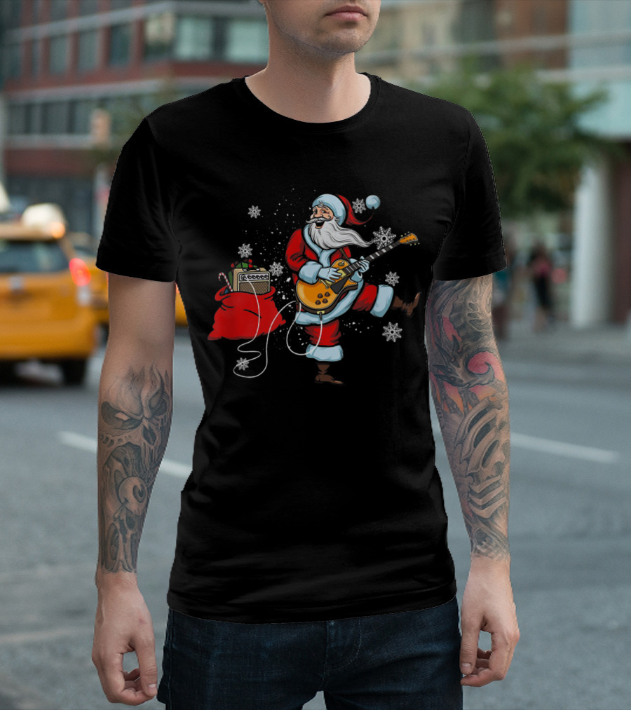 Funny Santa Playing Guitar with Snowflakes and Christmas Bag T-Shirt