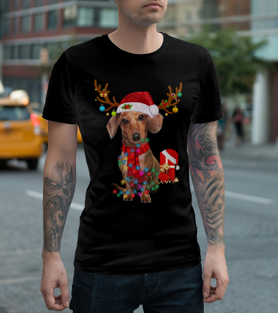 Santa Hat Dachshund with Reindeer Antlers and Christmas Lights T-Shirt