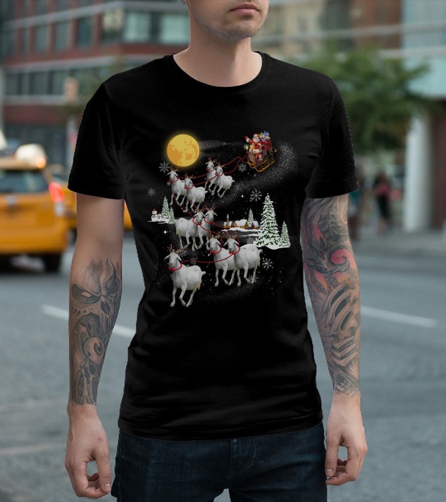 Funny Santa Riding Goat Sleigh Under Full Moon T-Shirt