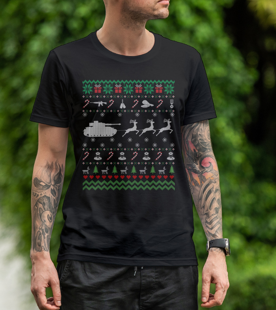 Funny Veteran Ugly Christmas Sweater With Tank Reindeer And Military Decorations T-Shirt