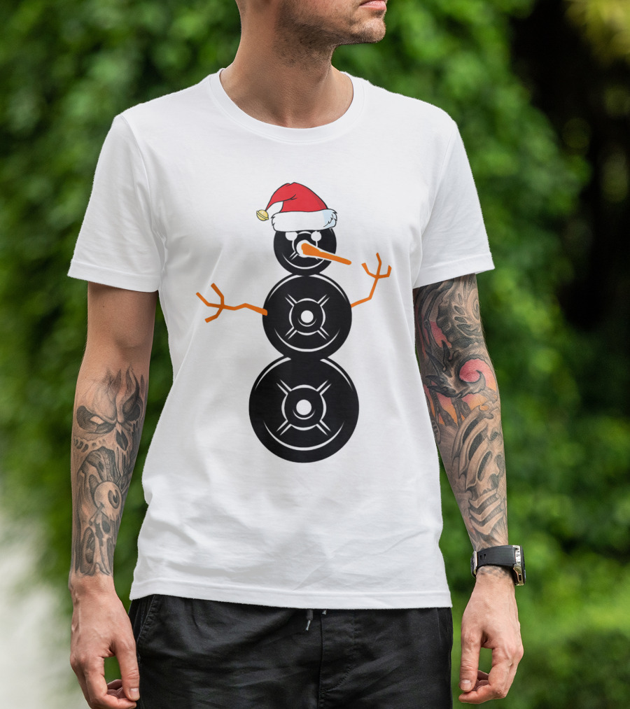 Funny Santa Hat Weightlifting Snowman Barbell T-Shirt