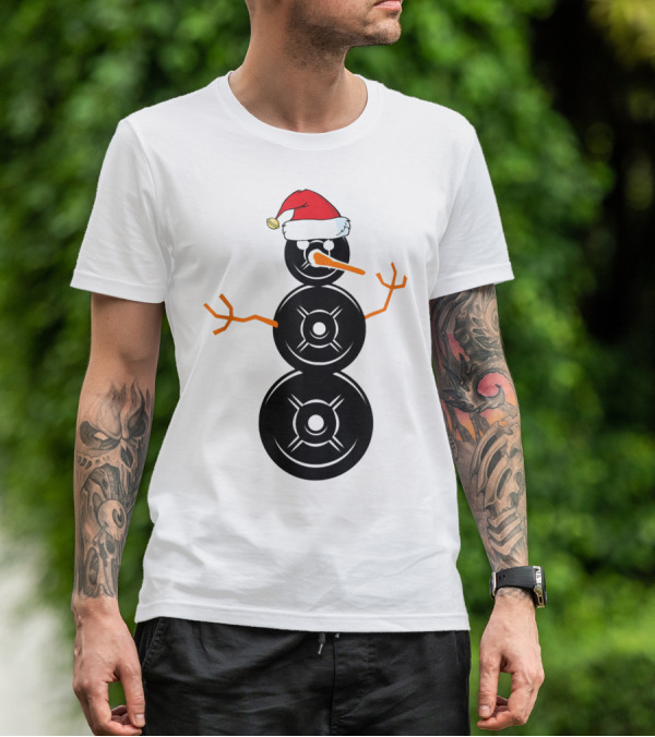 Funny Santa Hat Weightlifting Snowman Barbell T-Shirt