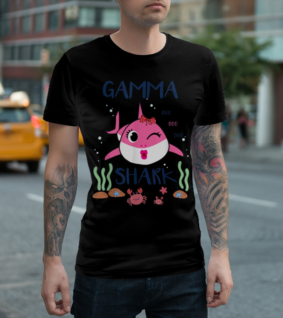 Gamma Shark Doo Doo Doo Winking Pink Shark with Bow and Marine Life T-Shirt