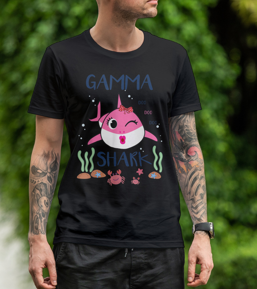Gamma Shark Doo Doo Doo Winking Pink Shark With Bow And Marine Life T-Shirt