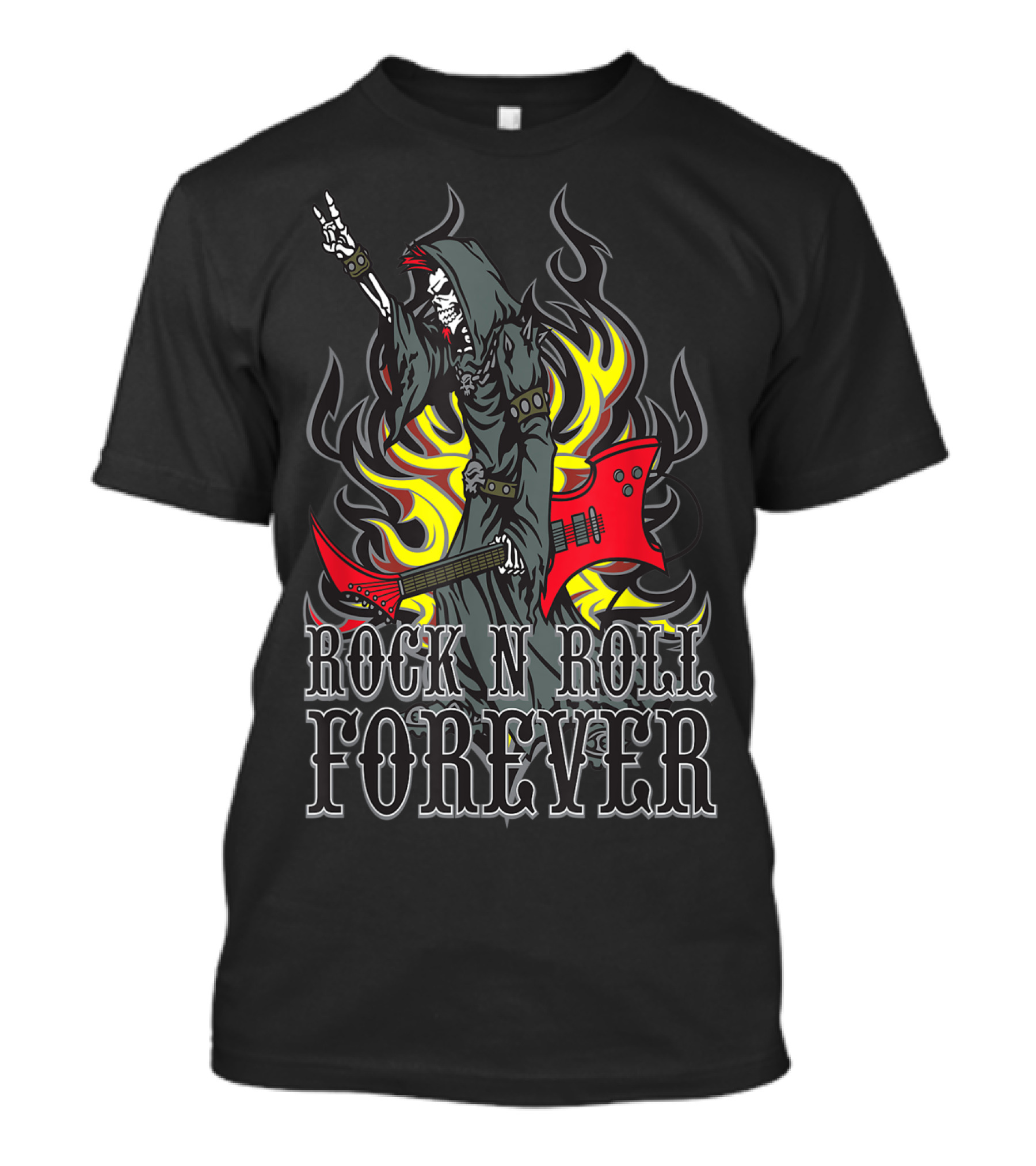 Rock N Roll Forever Grim Reaper Guitar Flames Horns Sign T-Shirt