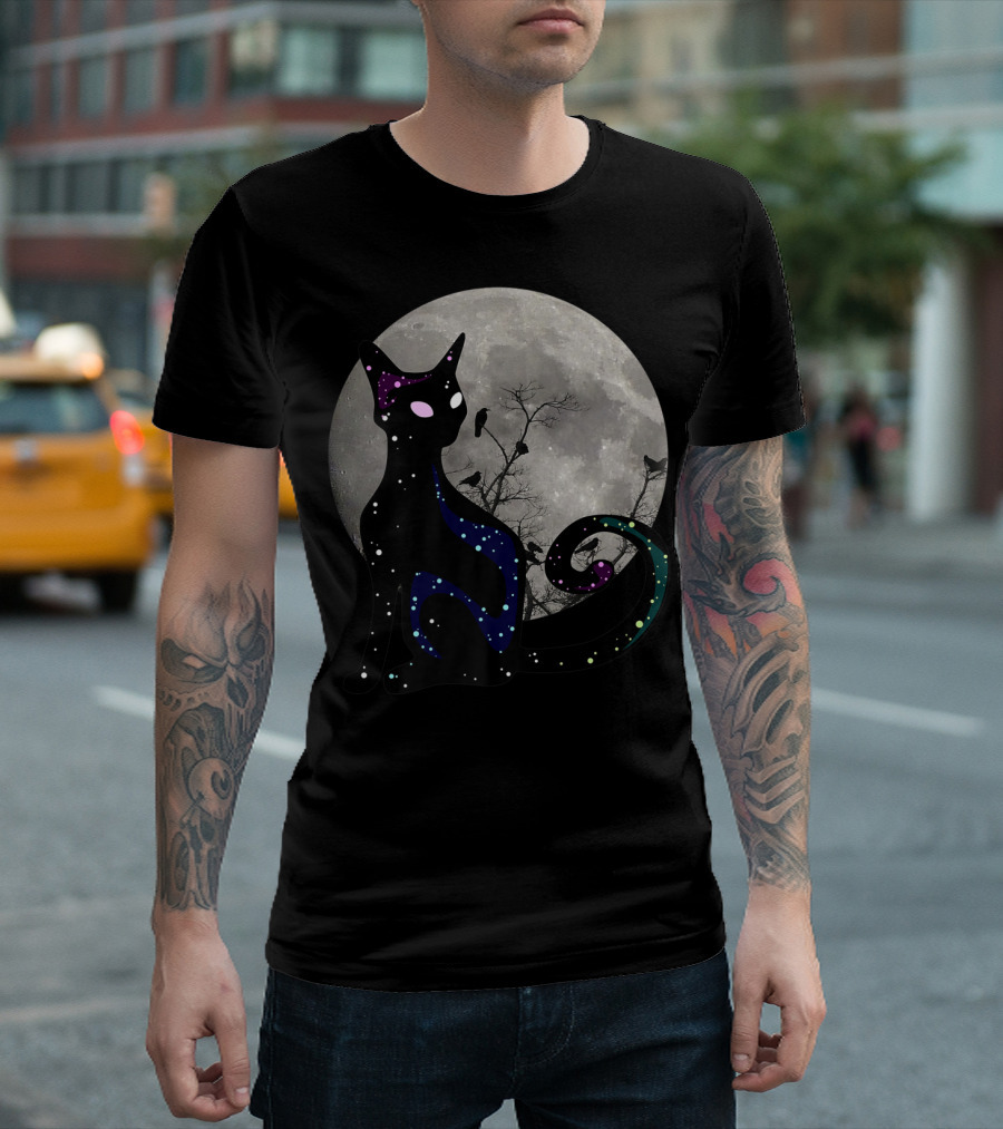 Halloween Scary Black Cat Gothic Full Moon Ravens T-Shirt