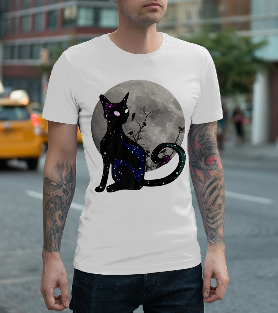 Halloween Scary Black Cat Gothic Full Moon Ravens T-Shirt