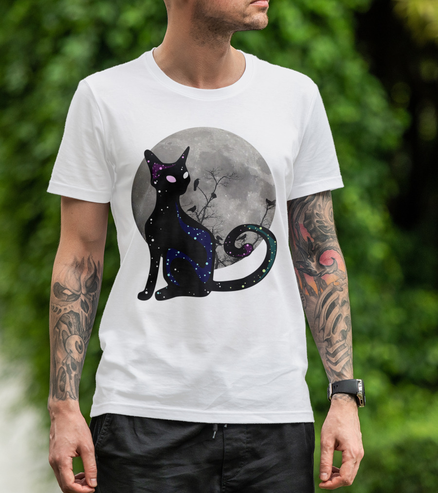 Halloween Scary Black Cat Gothic Full Moon Ravens T-Shirt