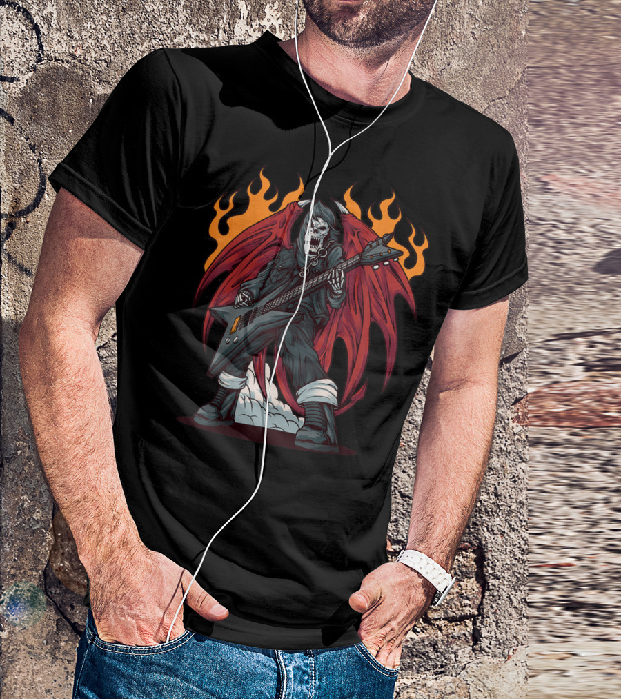 Heavy Metal Guitarist Red Winged Flaming Skull T-Shirt