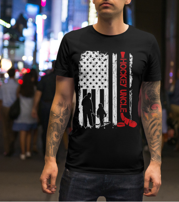 Hockey Uncle American Flag Silhouette With Stick And Player T-Shirt
