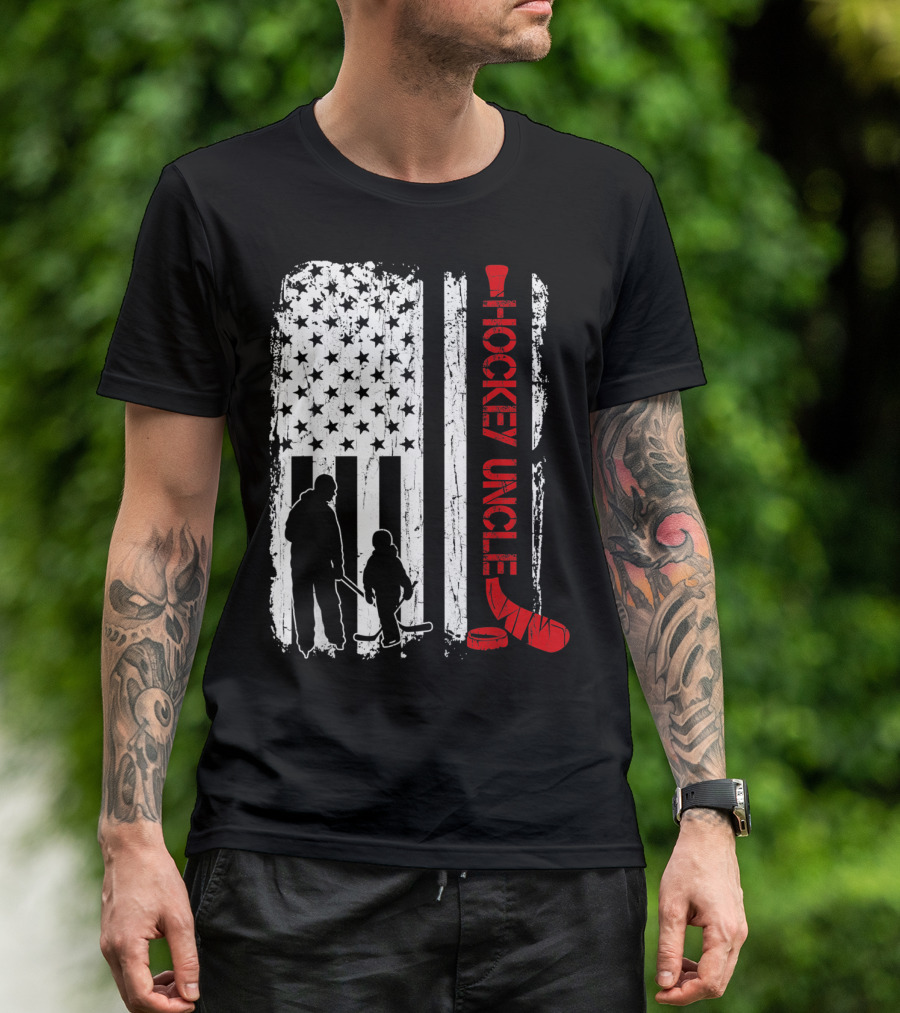 Hockey Uncle American Flag Silhouette With Stick And Player T-Shirt
