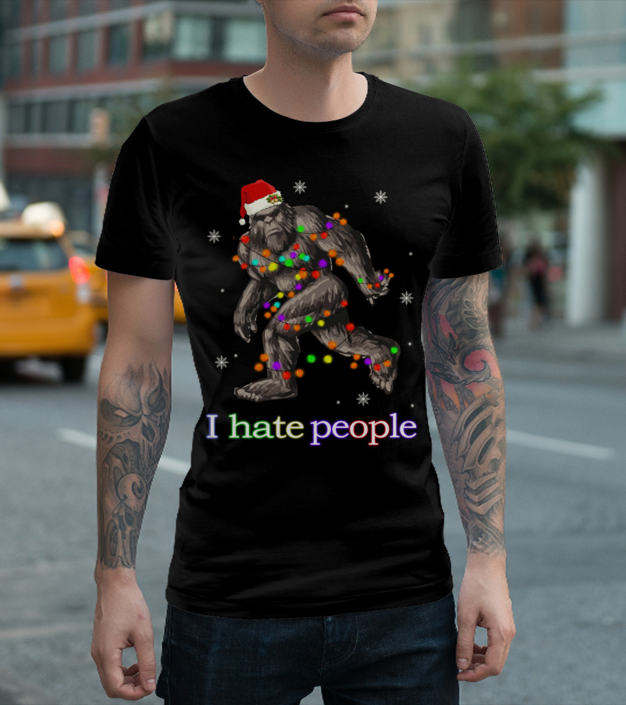 Sasquatch Christmas I Hate People Holiday Lights Santa Hat T-Shirt