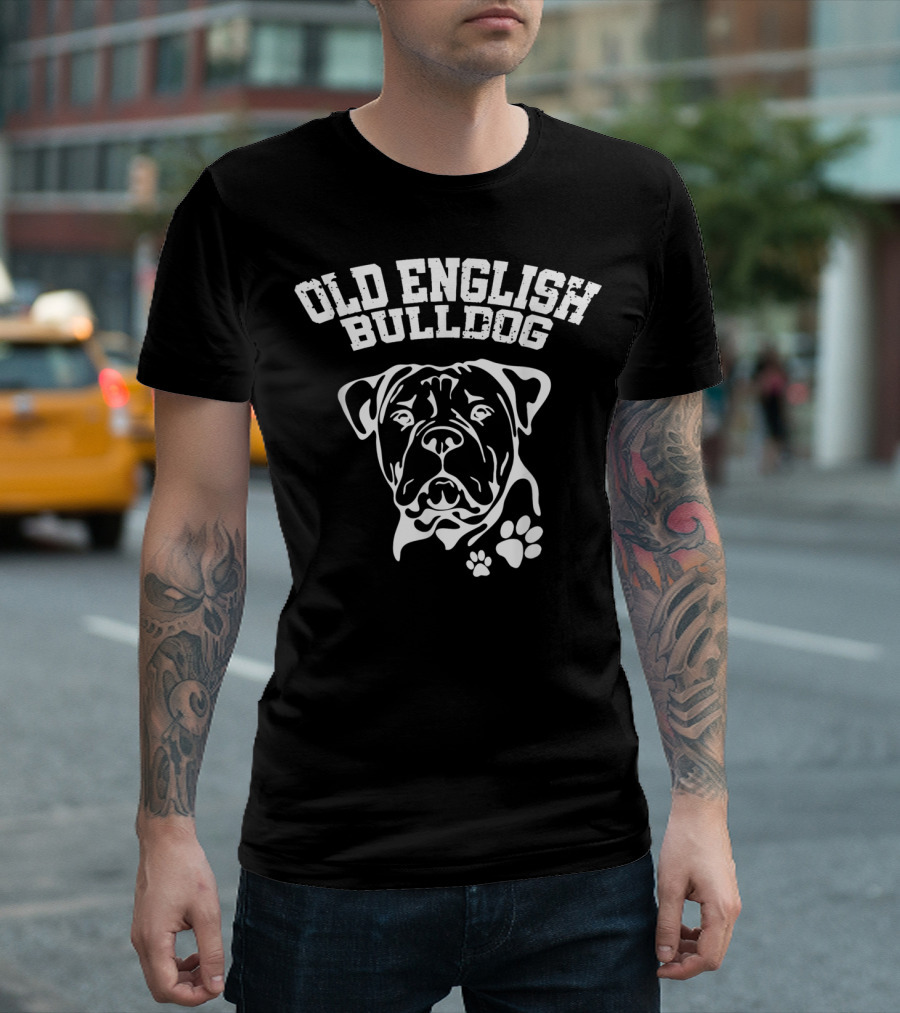 Old English Bulldog Illustration with Text and Paw Prints T-Shirt