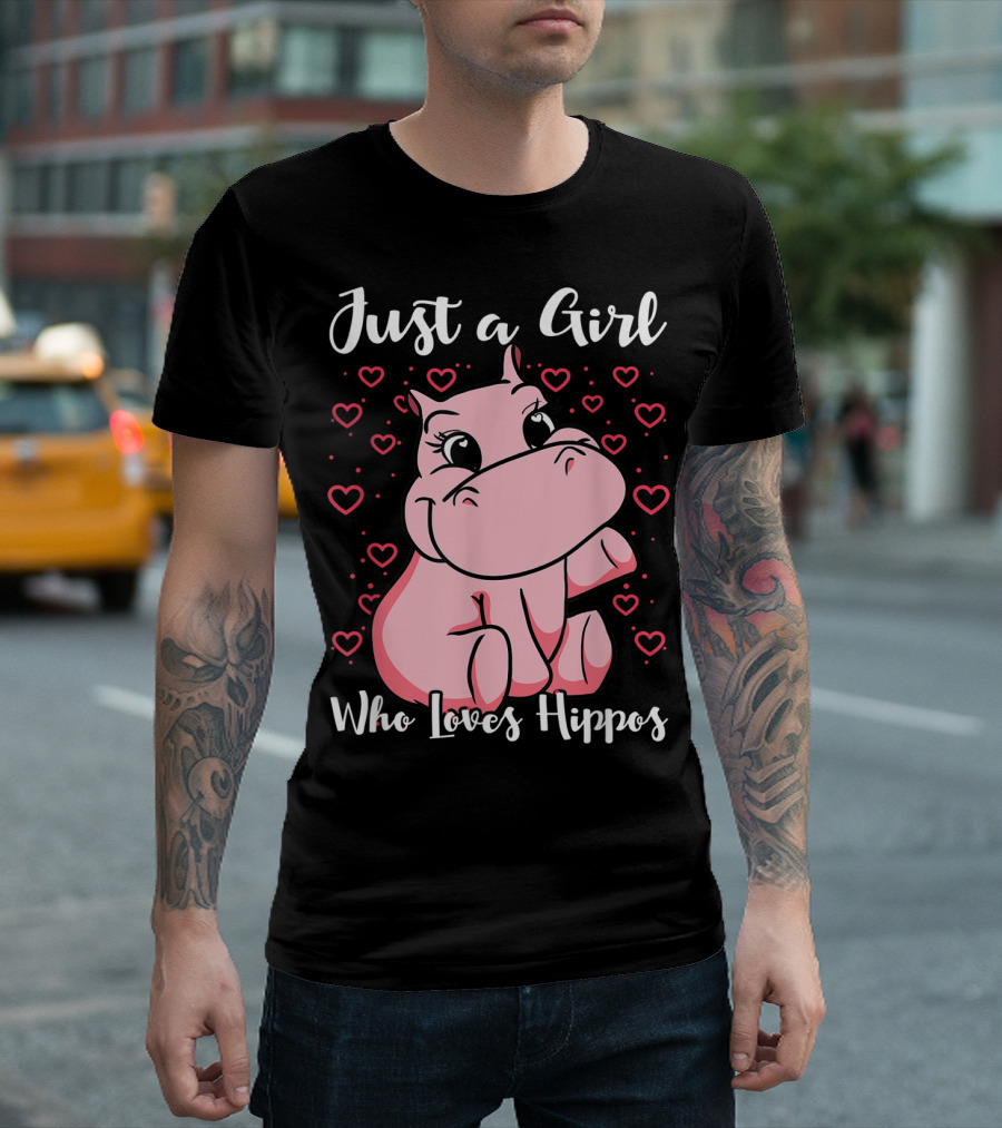Just A Girl Who Loves Hippos Cute Animal Pink Hearts T-Shirt