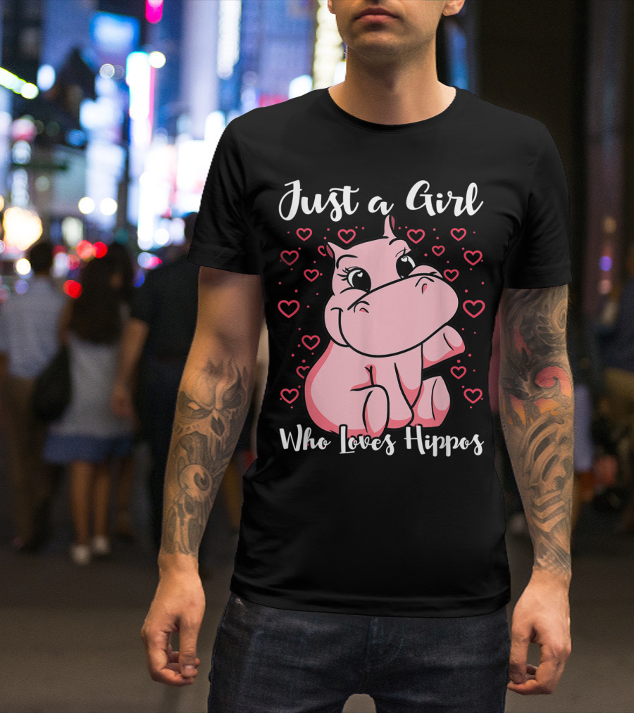 Just A Girl Who Loves Hippos Cute Animal Pink Hearts T-Shirt