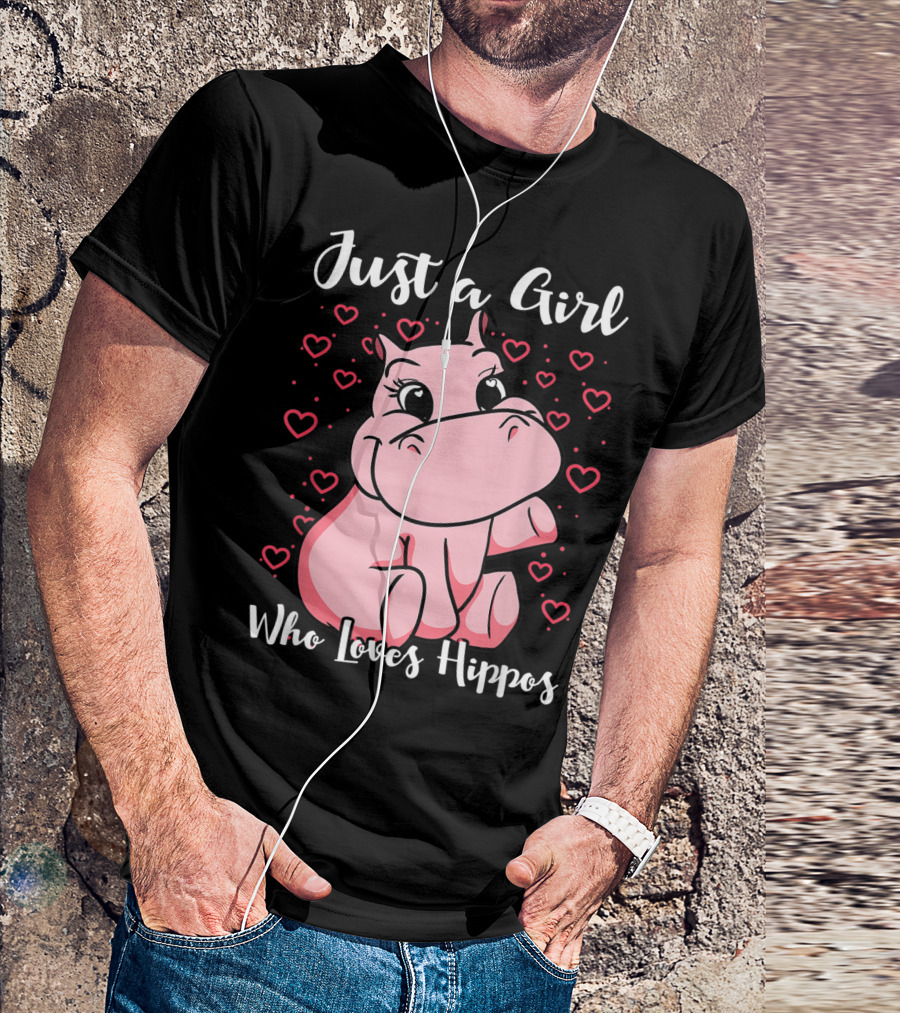 Just A Girl Who Loves Hippos Cute Animal Pink Hearts T-Shirt