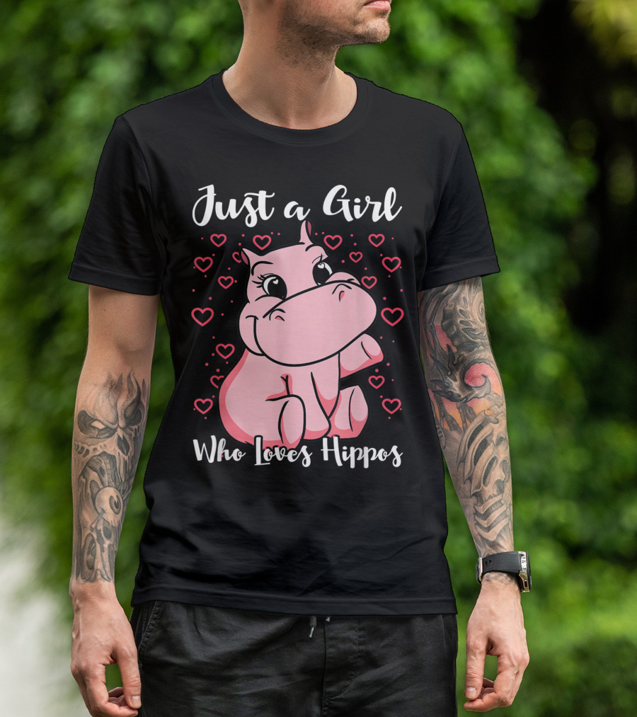 Just A Girl Who Loves Hippos Cute Animal Pink Hearts T-Shirt