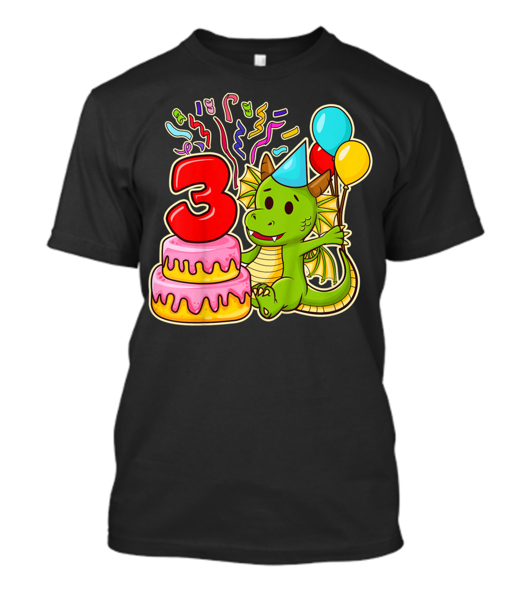 Kids 3rd Birthday Dragon Party Cake Balloons Confetti 3 Year Old T-Shirt