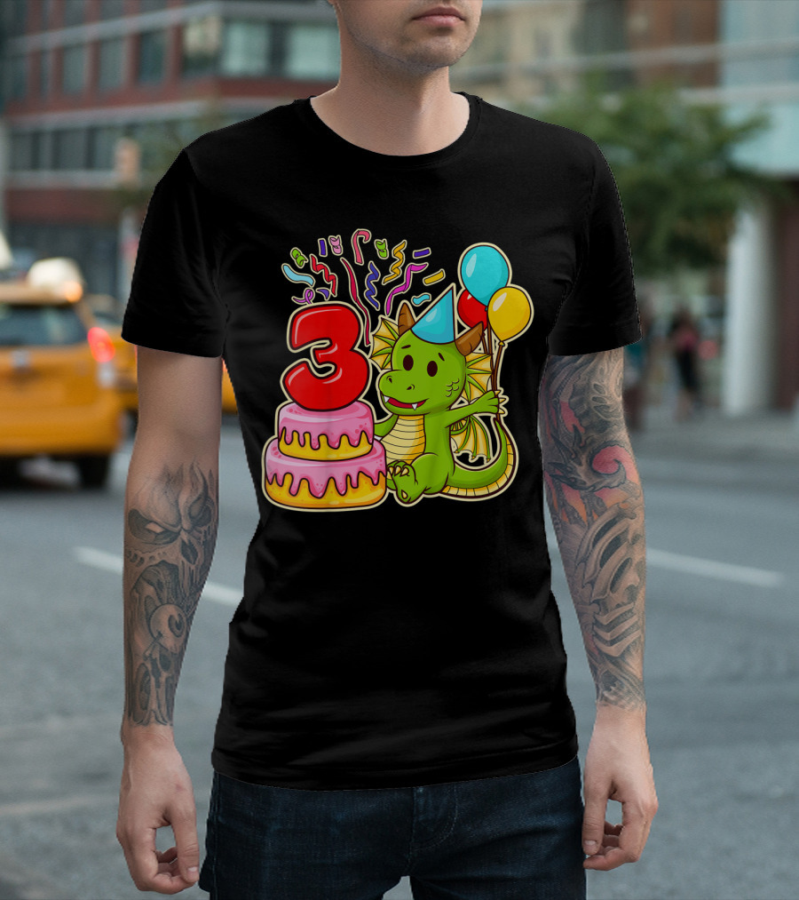 Kids 3rd Birthday Dragon Party Cake Balloons Confetti 3 Year Old T-Shirt