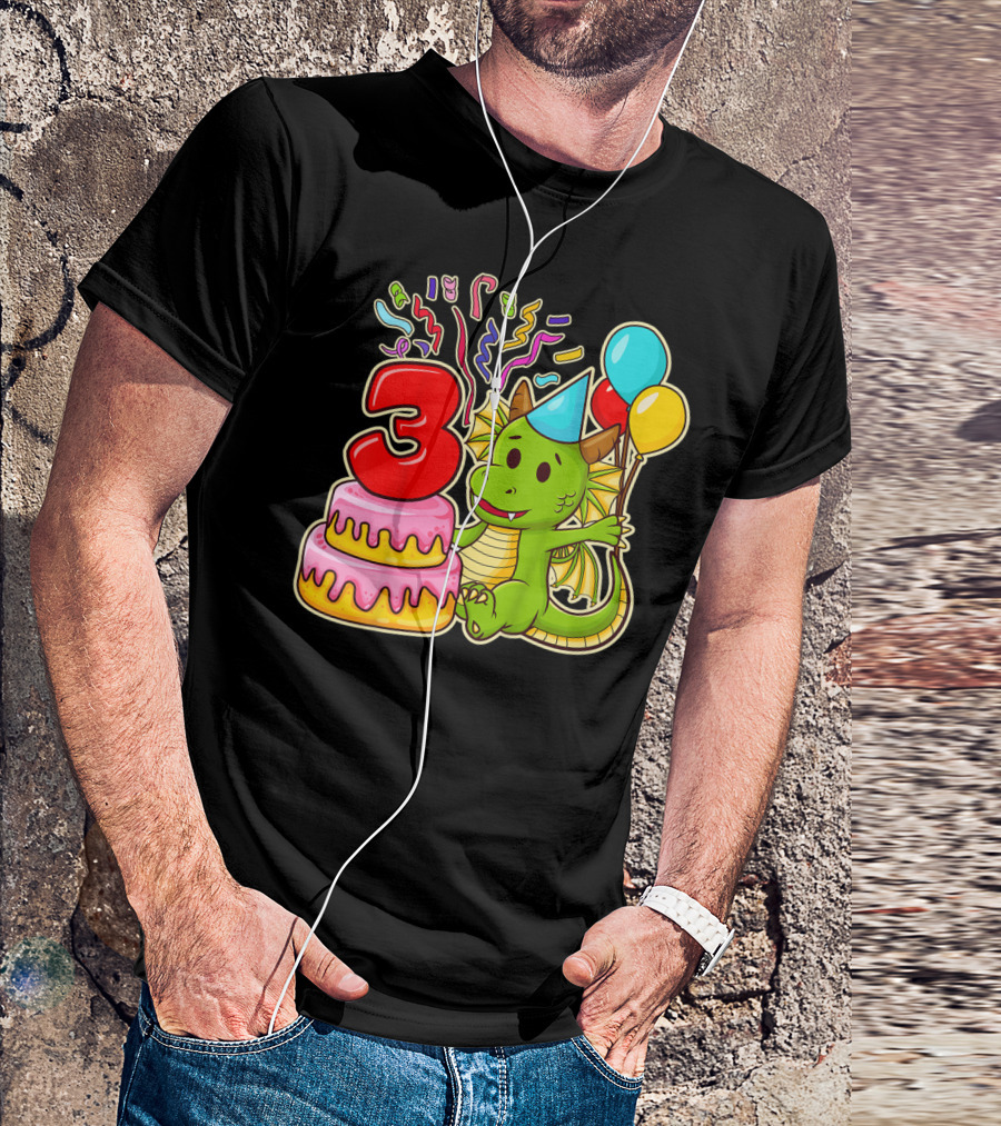 Kids 3rd Birthday Dragon Party Cake Balloons Confetti 3 Year Old T-Shirt