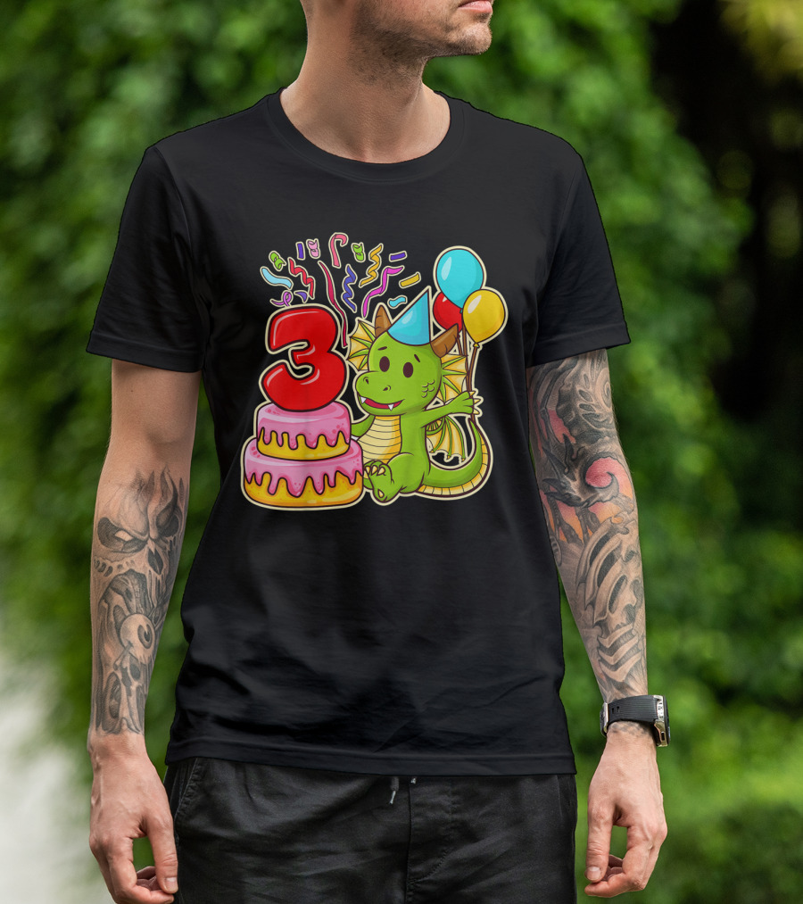 Kids 3rd Birthday Dragon Party Cake Balloons Confetti 3 Year Old T-Shirt
