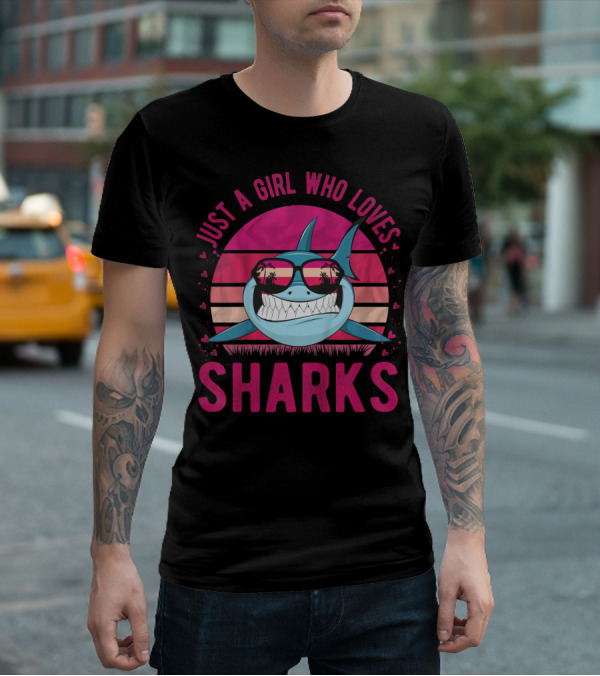 Just A Girl Who Loves Sharks Retro Sunset T-Shirt