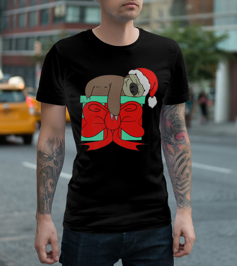 Lazy Christmas Sloth With Santa Hat And Gift Box Cute Funny Love It T-Shirt