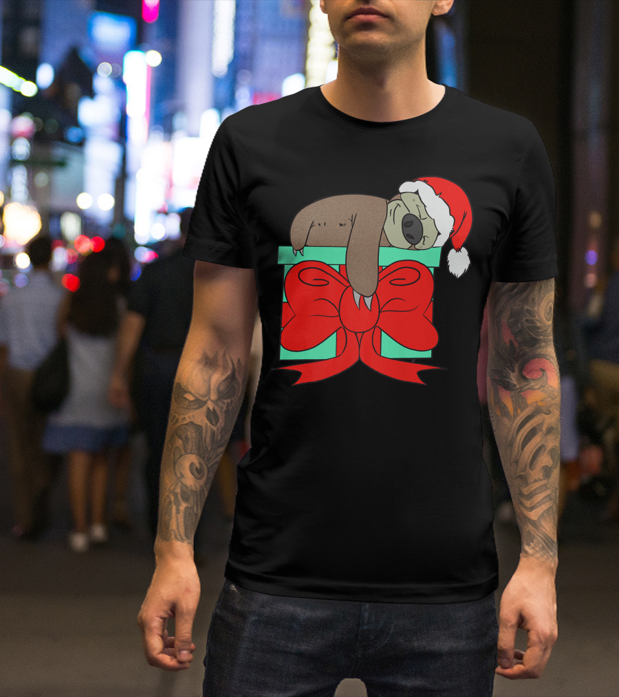Lazy Christmas Sloth With Santa Hat And Gift Box Cute Funny Love It T-Shirt