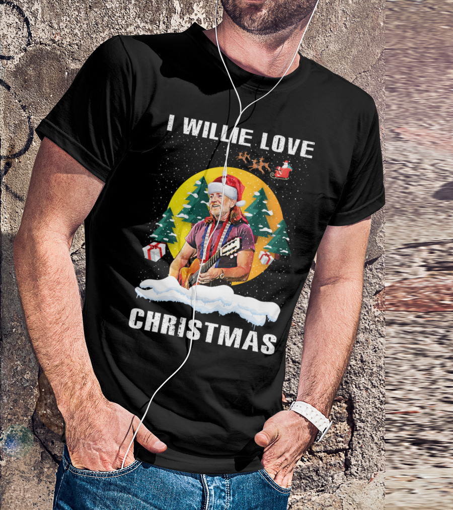 I Willie Love Christmas Santa Hat Guitar Snow Scene T-Shirt