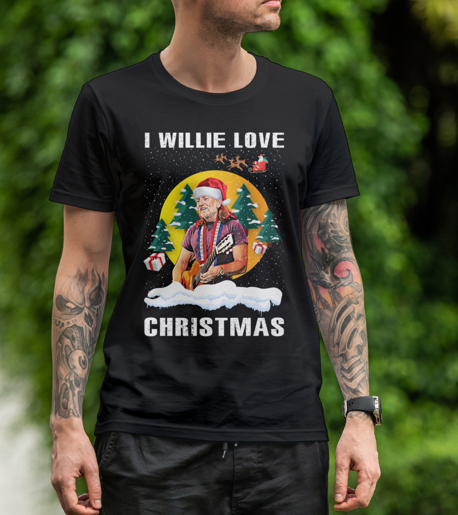 I Willie Love Christmas Santa Hat Guitar Snow Scene T-Shirt