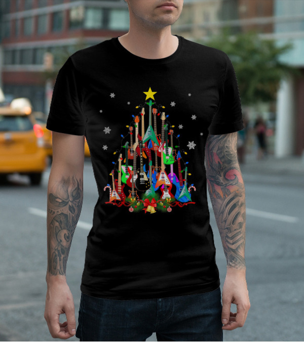 Mens Womens Guitar Christmas Tree Star Candy Canes Snowflakes Holiday Lights T-Shirt