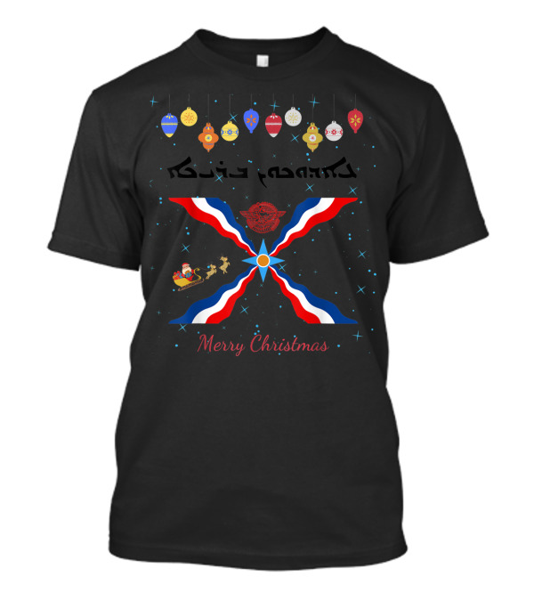 Merry Christmas Aramaic Eedokhoon Breekhaa Festive Ornaments And Assyrian Flag With Santa Sleigh T-Shirt