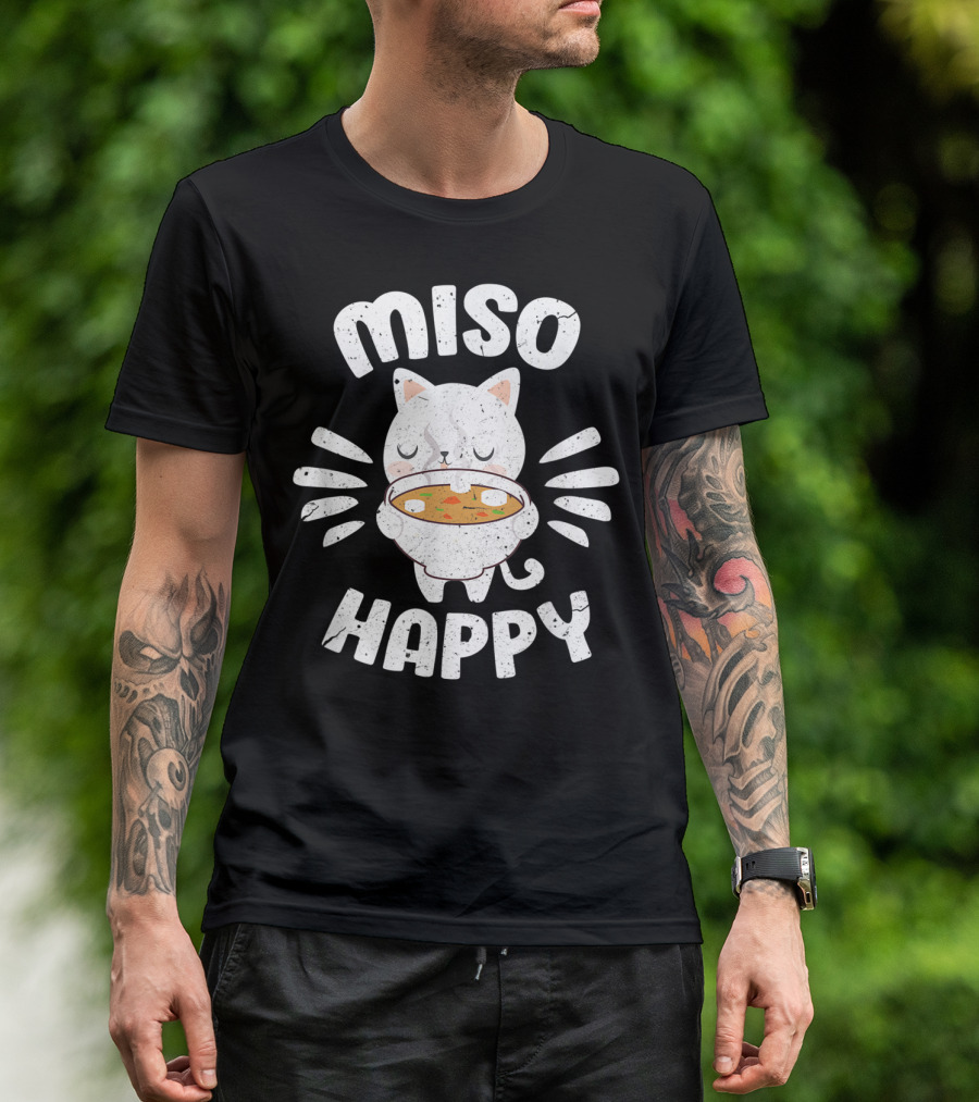 Miso Happy Japanese Cat Holding Soup Bowl Food Pun T-Shirt