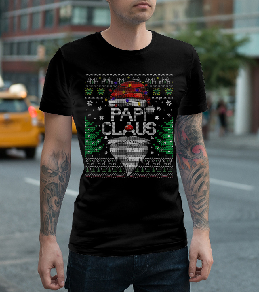Papi Claus Santa Ugly Christmas Sweater Lights Beard Trees Snowflakes T-Shirt
