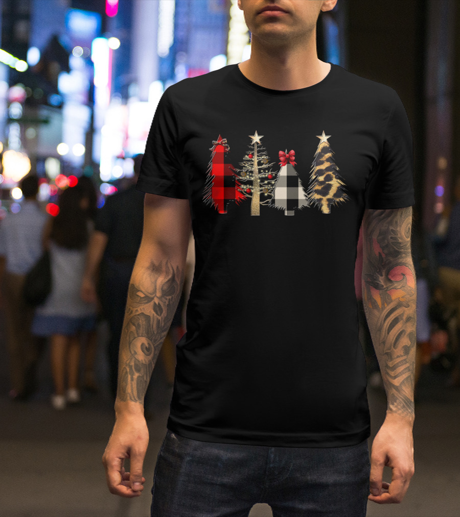 Red Plaid Black White Gold Leopard Christmas Trees T-Shirt