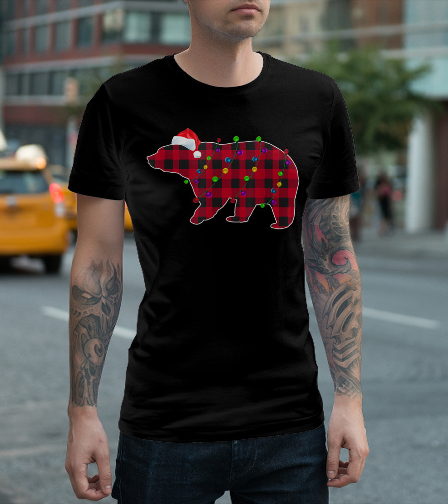 Red Plaid Christmas Polar Bear with Santa Hat and Buffalo Check Lights T-Shirt