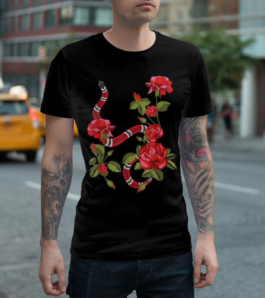 Royal Striped Snake and Flower Red Roses Botanical T-Shirt