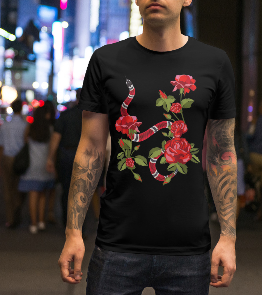 Royal Striped Snake And Flower Red Roses Botanical T-Shirt