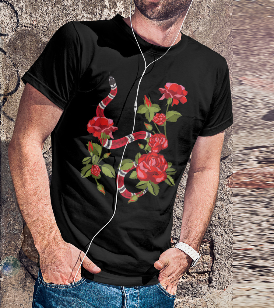Royal Striped Snake And Flower Red Roses Botanical T-Shirt