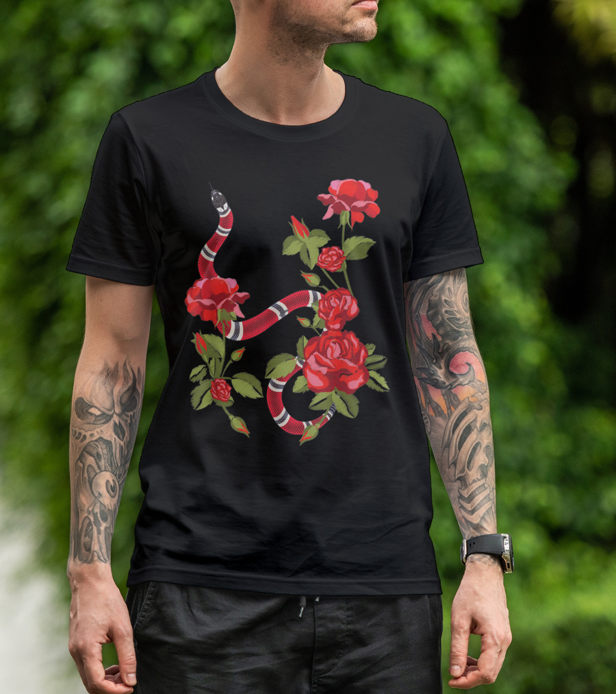 Royal Striped Snake And Flower Red Roses Botanical T-Shirt