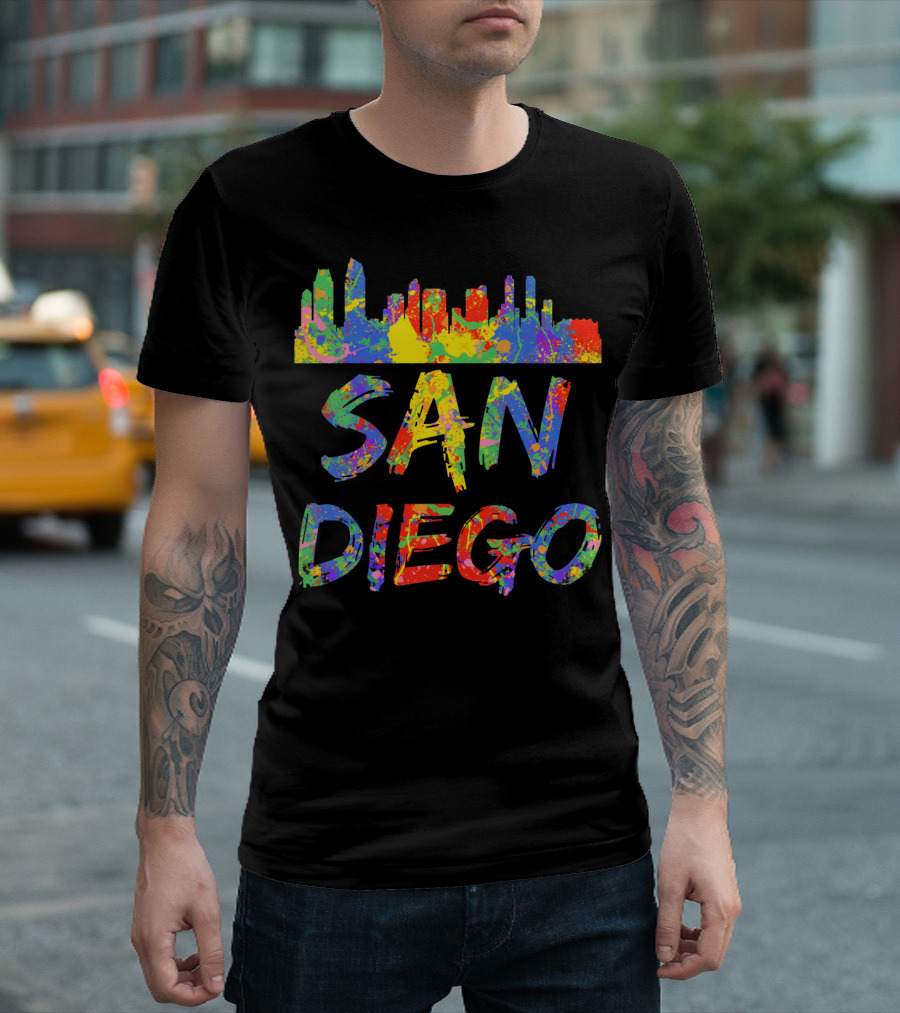San Diego Rainbow Skyline Cali City Vibrant Text T-Shirt