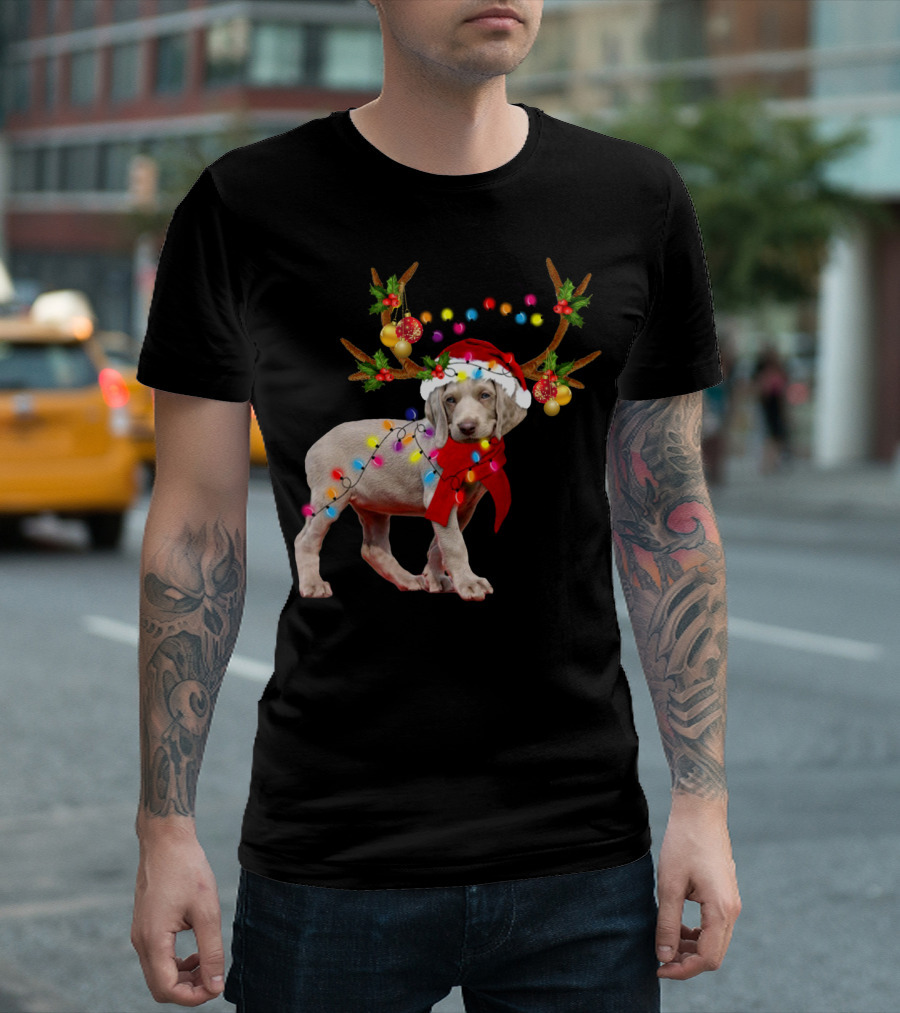 Santa Weimaraner Reindeer Christmas Lights T-Shirt