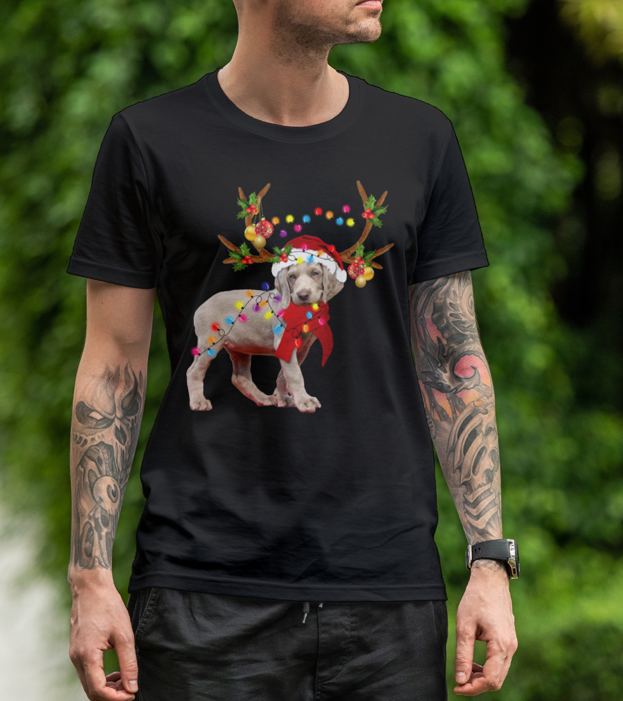 Santa Weimaraner Reindeer Christmas Lights T-Shirt