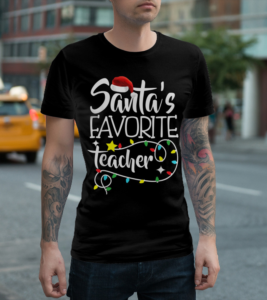 Santa's Favorite Teacher Christmas Lights With Santa Hat Stars And Colorful Bulbs T-Shirt