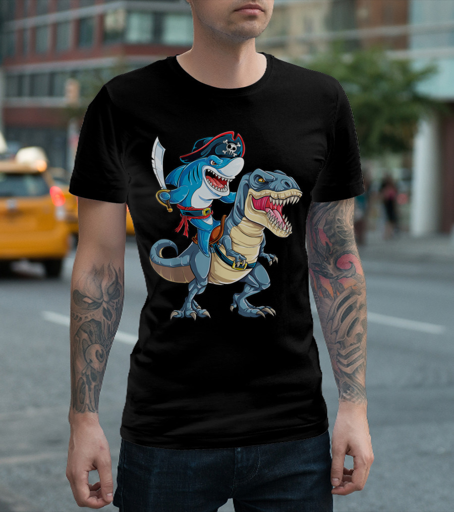 Shark Pirate Riding Dinosaur Rex Jawsome Adventure T-Shirt