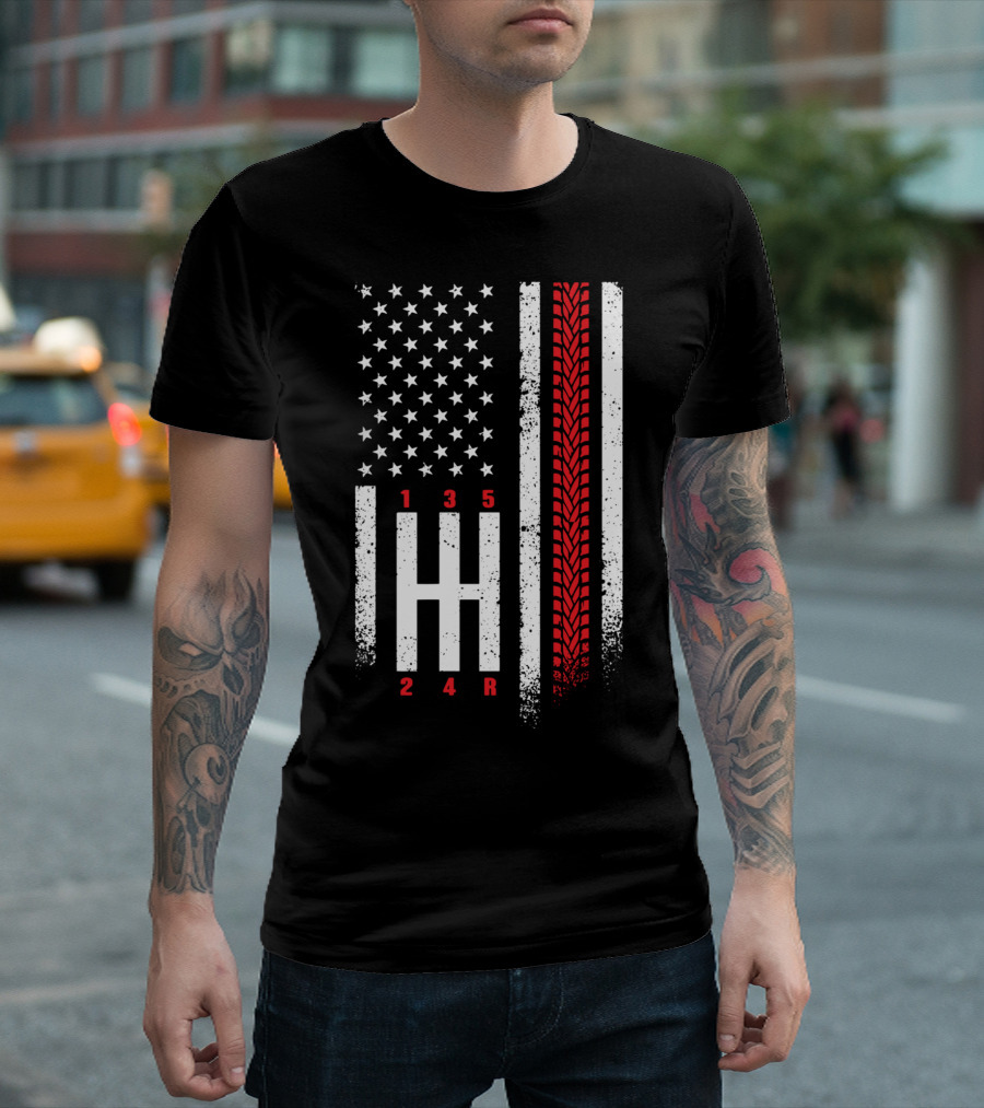 Shift Mechanic Gears American Flag Racing Tire Tracks T-Shirt