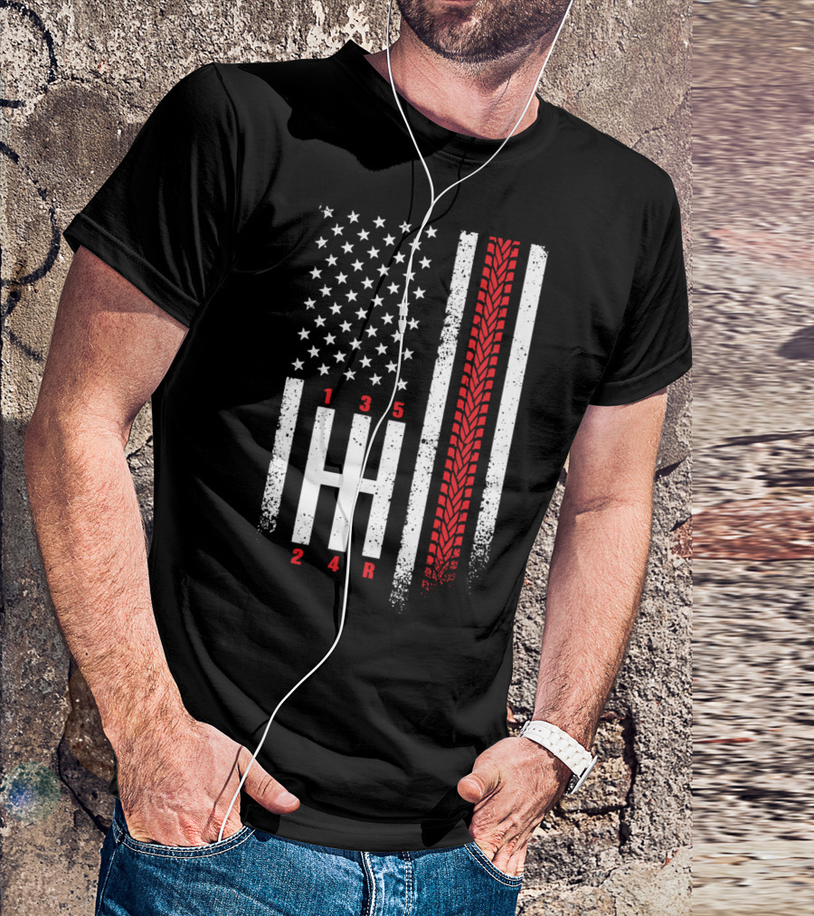 Shift Mechanic Gears American Flag Racing Tire Tracks T-Shirt