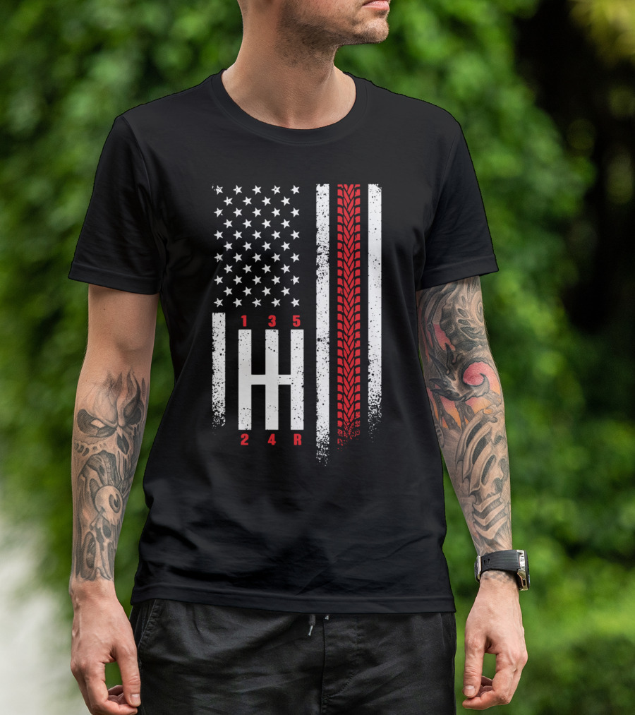 Shift Mechanic Gears American Flag Racing Tire Tracks T-Shirt