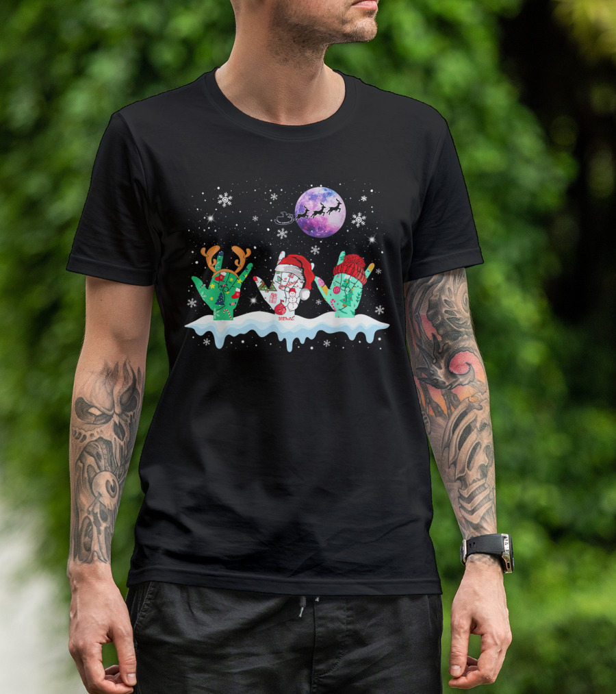 Sign Language Christmas Reindeer Santa Moon Snowflakes T-Shirt
