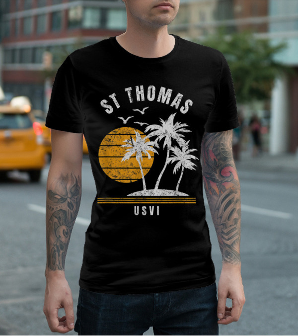 St Thomas USVI Caribbean Sunset With Palm Trees And Birds T-Shirt